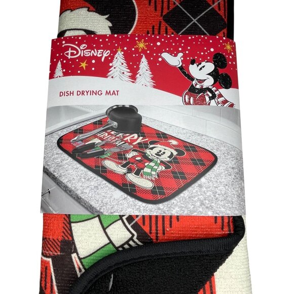 Disney Mickey Mouse Holiday Dish Drying Mat Red/Black Argyle Polyester 16"x18" - Picture 2 of 3